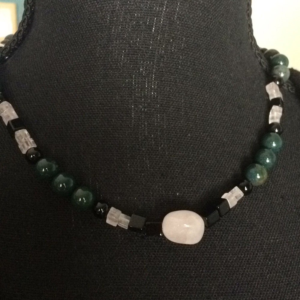 Malachite, Black & Pink Quartz Necklace, handmade